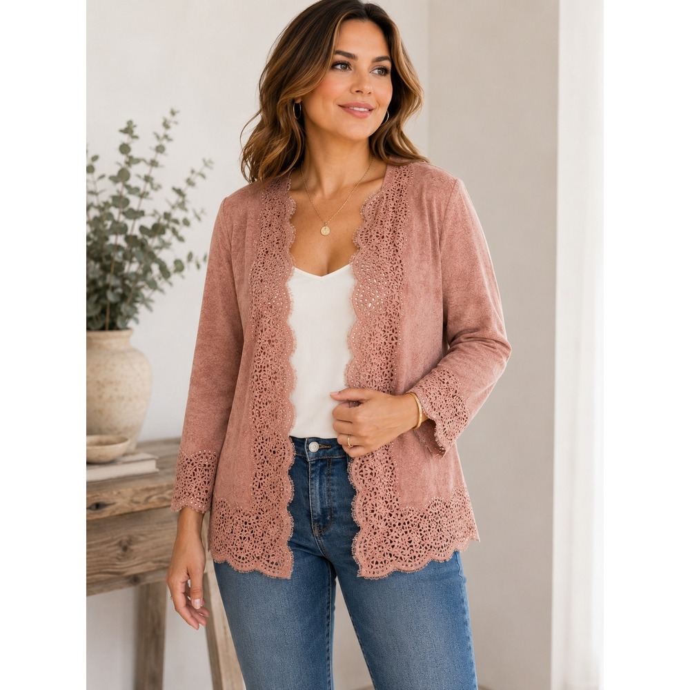 Chico's Faux Suede Laser Cut Open Front‎ Jacket Blush Pink Size 1 M